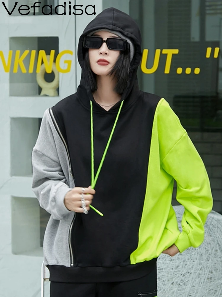 

Vefadisa Fashion Contrast Color Women Sweatshirt 2023 Autumn Fashion Zipper Decoration Pullover Coat Plus Patchwork Coat QYF6304