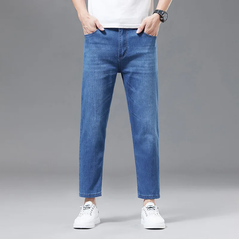 Летние мужские джинсы укороченные брюки облегающие прямые повседневные