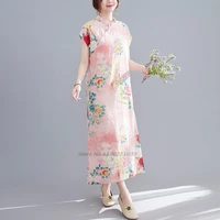 2022 traditional daily vintage cheongsam chinese flower print dress qipao cotton linen dress elegant party dress oriental qipao