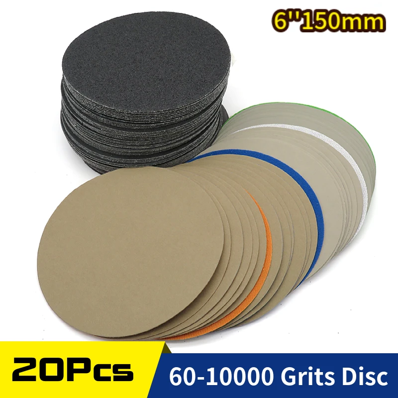 

20pcs 6 Inch 150mm Waterproof Sanding Discs Hook Loop Silicon Carbide Sandpaper Wet/Dry 60 to 10000 Grit for Polishing