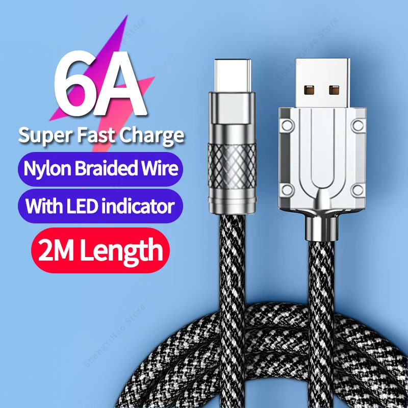 

6A Nylon Braid Super Fast Charging Cable USB Type C for Samsung Huawei Xiaomi Oneplus Charger Wire Bold Data Cord With Light 2M