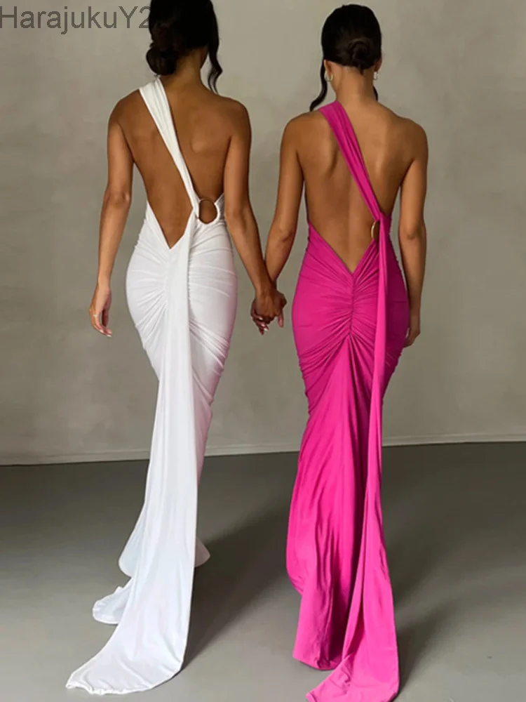 

Mozision Oblique Shoulder Backless Maxi Dress For Women Gown Summer Back Strap Sleeveless Ruched Party Sexy Long Dress Vestidos