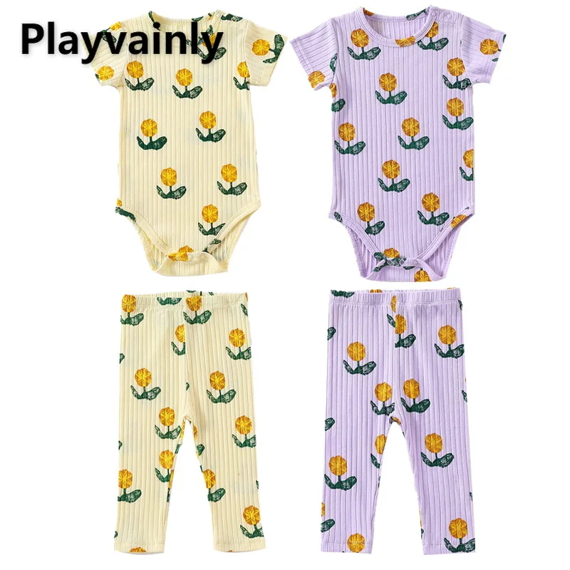 

New Summer Clothing Sets for Baby Clothes Short Sleeves Yellow Purple Round Collar Bodysuit+Pants Unisex Infant Clothes E2725