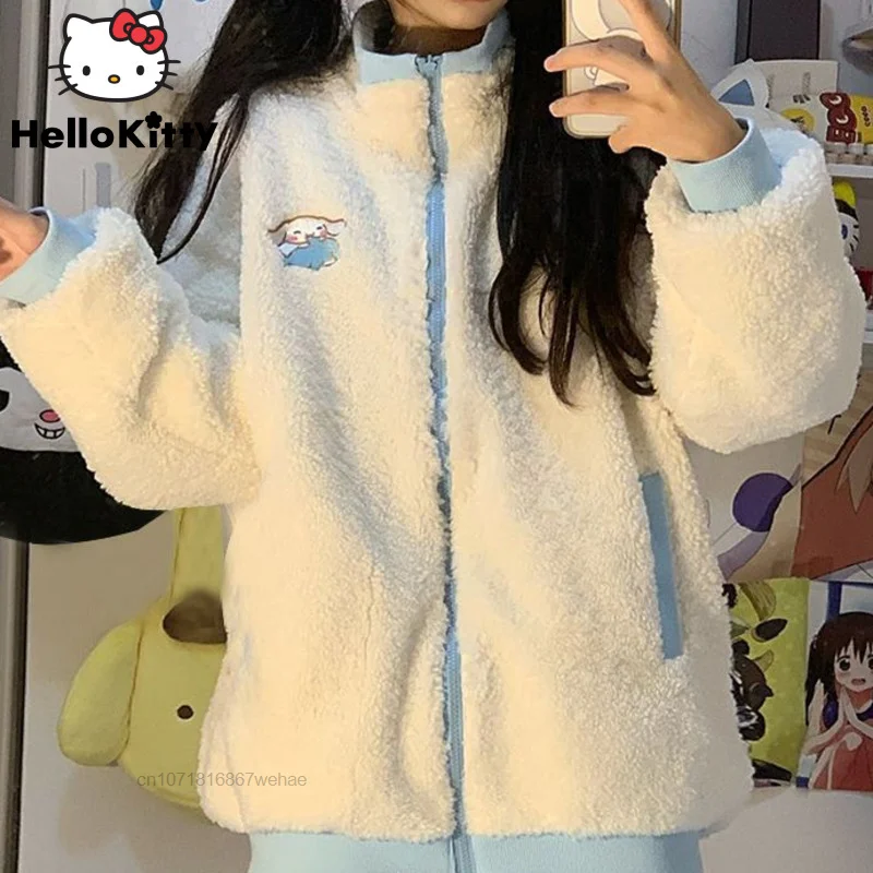 

Sanrio Cinnamoroll Sweet Streetwear Women Jackets Zippered Coat Slim Thickened Casual Style Autumn Winter Outwear Warm Clothes