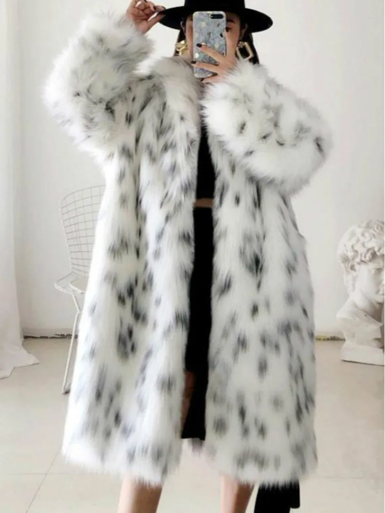 2022 Women Winter New Faux Fox Fur Coat Lady Casual Snow Leopard Print Fur Jacket Female Thick Warm Mid-long Plush Outerwear