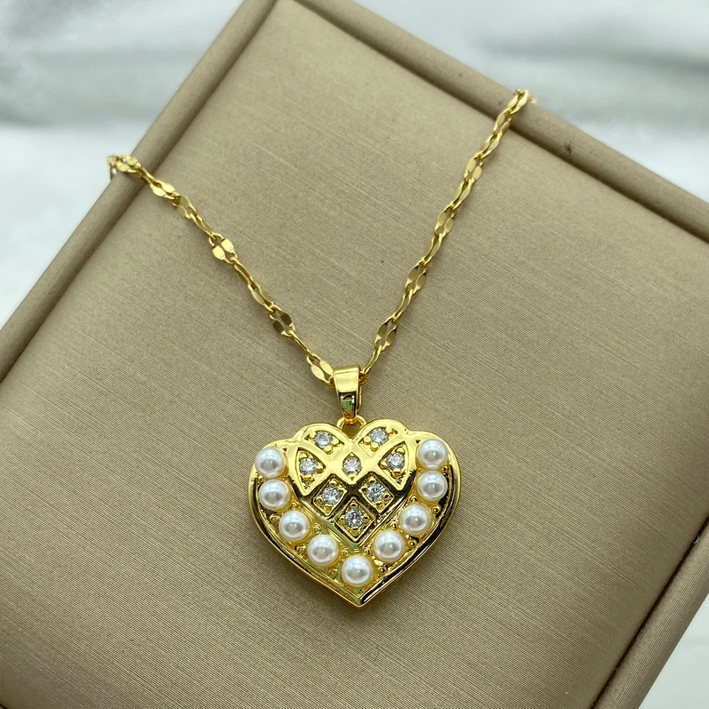 

Gold Plated Pearl Heart Big Pendant Necklace Stainless Steel Necklace For Women New In Accessories Luxury Design Elegant