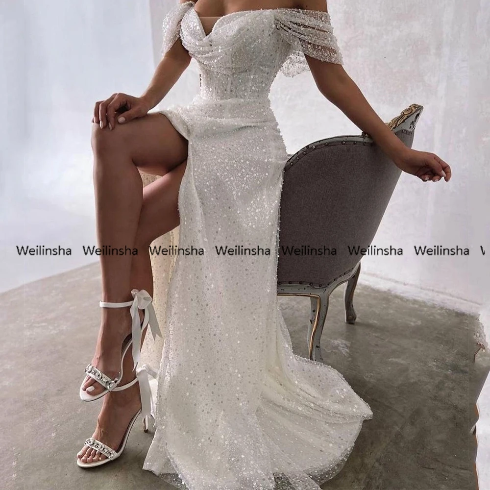 

Weilinsha High Slit Sweetheart Off Shoulder Wedding Dresses for Marriage Summer Pleat 2022 Court Train Bridal Gowns Robe De Mari