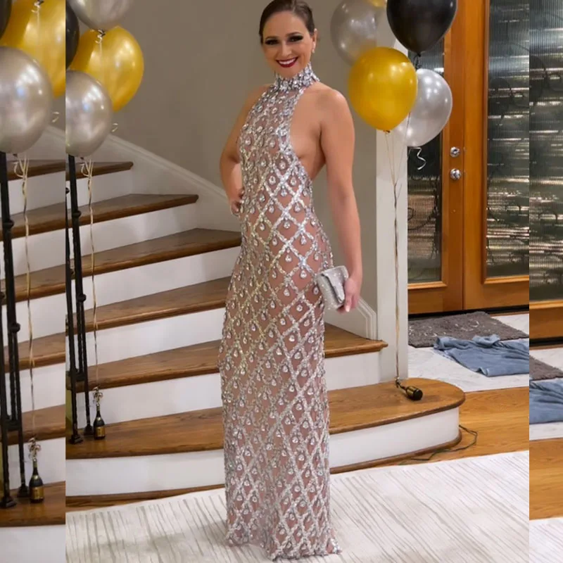 

Sparkly Silver Sequins Crystals Sleeveless Mesh Celebrate Evening Prom Gown Long Dress Birthday Club Outfit Singer Stage Wear