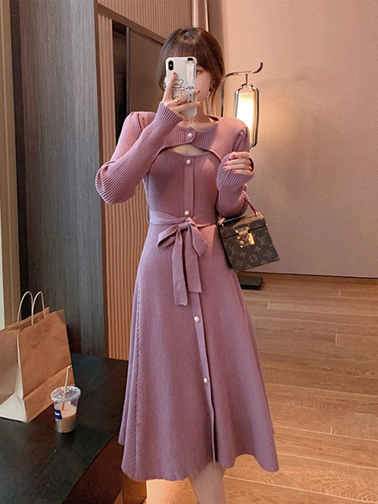 

Winter Knitting One Piece Dresses Women Casual Long Sleeve Button Sweater Midi Dress Elegant Female Office Korean 2022 Autumn