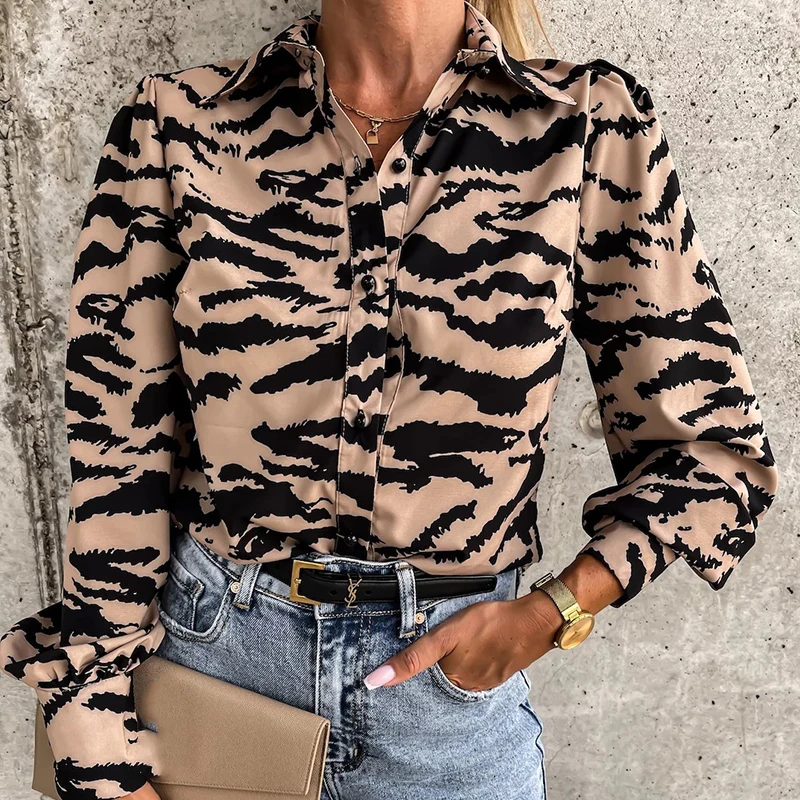 

Модная офисная блузка с принтом тигра 2022, повседневные однобортные рубашки с длинным рукавом, женские элегантные свободные топы с отложным ...