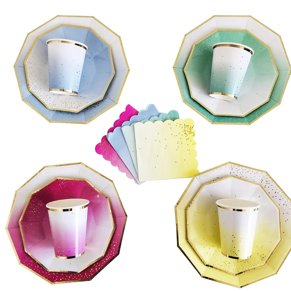 

65Pcs/Set Gradient Color Disposable Tableware Gilding Paper Plate Cups Napkins Baby Shower Party Supplies Decoration