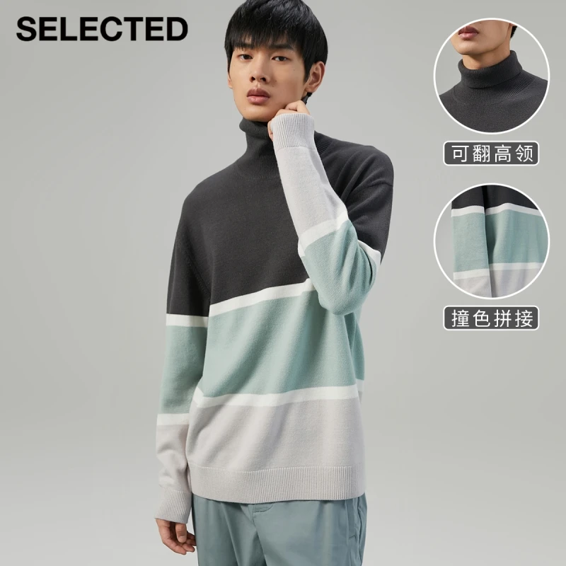 

SELECTED Men'S Trendy Drop Shoulder Contrast Color Stitching Turtleneck Sweater With Wool S|421324016