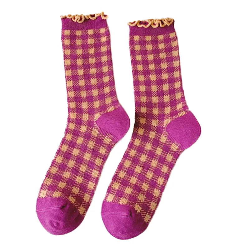 7 Pair Fashion New Frilly Socks Women Checkered Long Winter Cotton Socks For Women Christmas Gifts Cute Woman Leg Warmers Korean