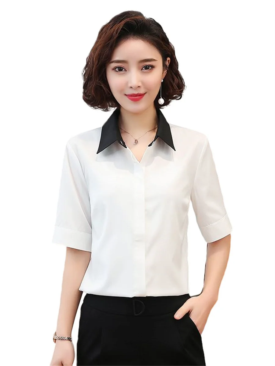 

3XL Women Summer Spring Blouses Shirts Lady Fashion Casual Short Sleeve Turn-down Collar White Office Blusas Tops CT0766