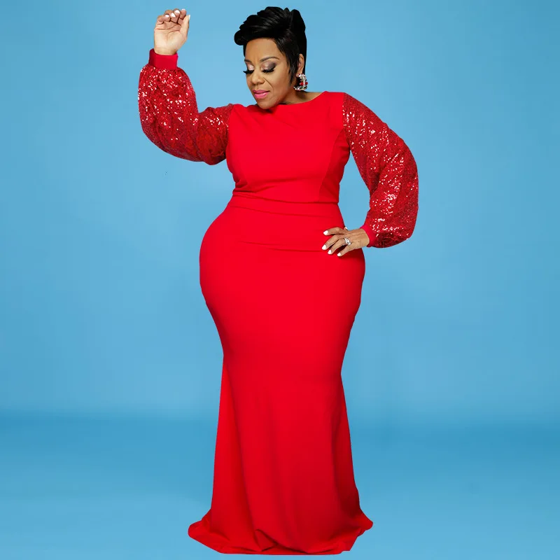 Plus Size Dresses Solid Long Sleeve Beaded Sleeve Sexy Slim Female Fishtail Skirt Long Skirt Party Dresses Evening Dresses Full