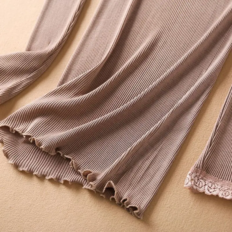 Silk Cotton Thermal Underwear Set Large Round Neck Lace Autumn and Winter Slim Solid Color Long Johns Single Layer Knitted Shirt