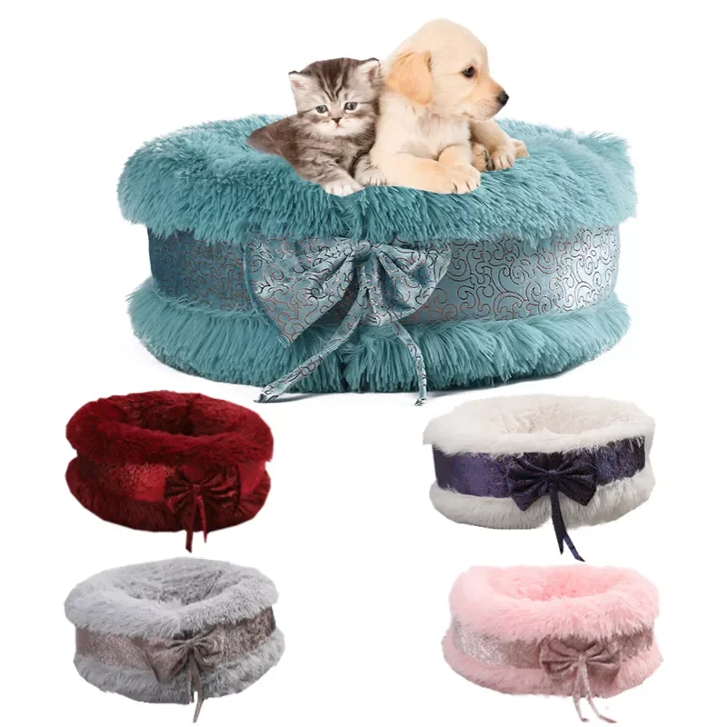 

2023 Cute Cat Beds Pet Dog Warm Bed Luxury Bowknot Decoration Fluffy Round House Soft Long Plush Bed Dog Basket Animals Sleeping