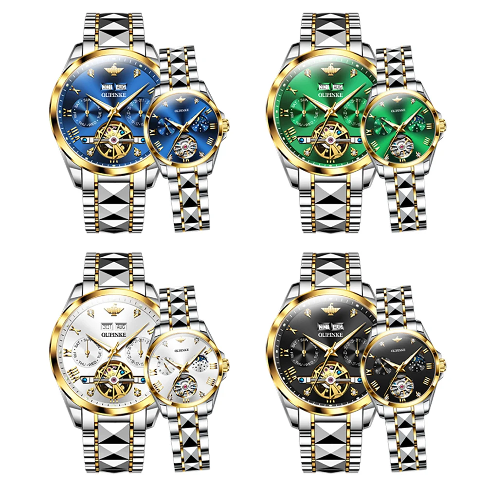 OUPINKE Luxury Couple Watches Waterproof Luminous Sapphire Tungsten Steel Skeleton Business Couple Watch's Set Necklace Bracelet