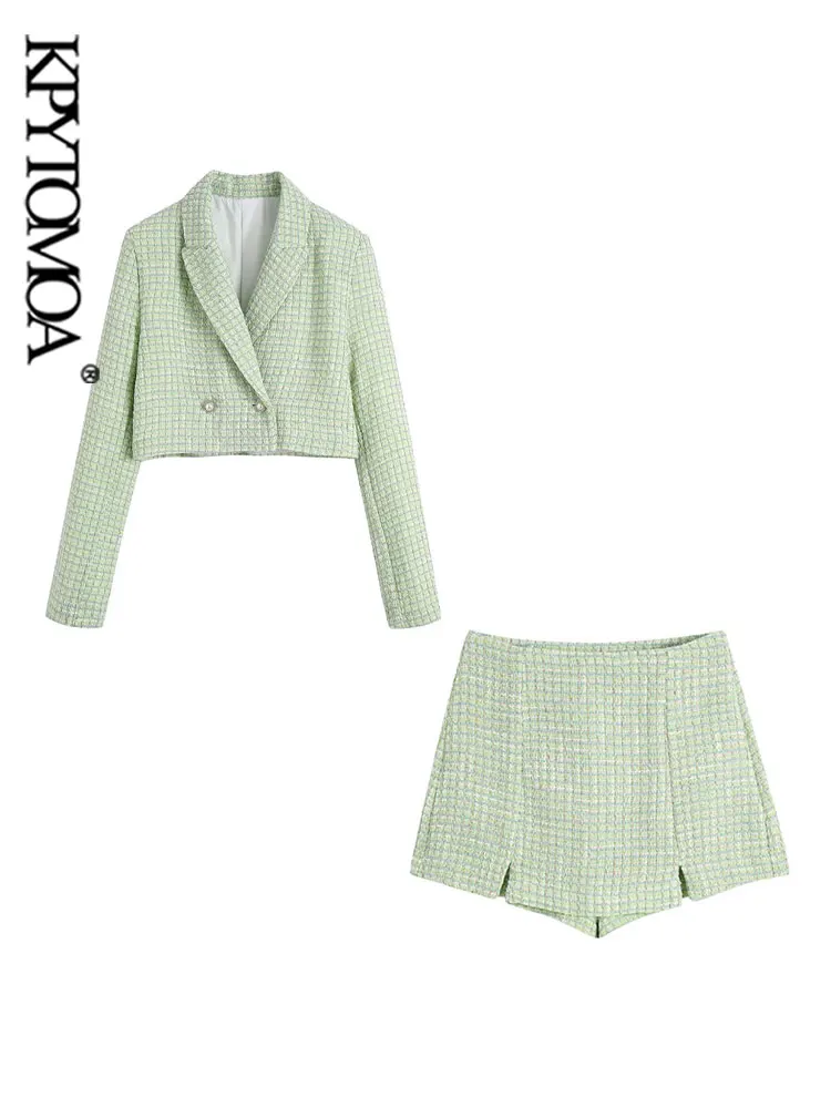 

KPYTOMOA Women Fashion Tweed Cropped Blazer Coat And High Waist Side Zipper Shorts Skirts Female Two Piece Sets Mujer
