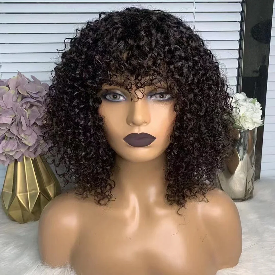 

Curly Fringe Wig with Bangs Human Hair Wigs for Black Women Jerry Curly BOB Wig Full Machine Made Remy Bob Wigs 10-16 Inches