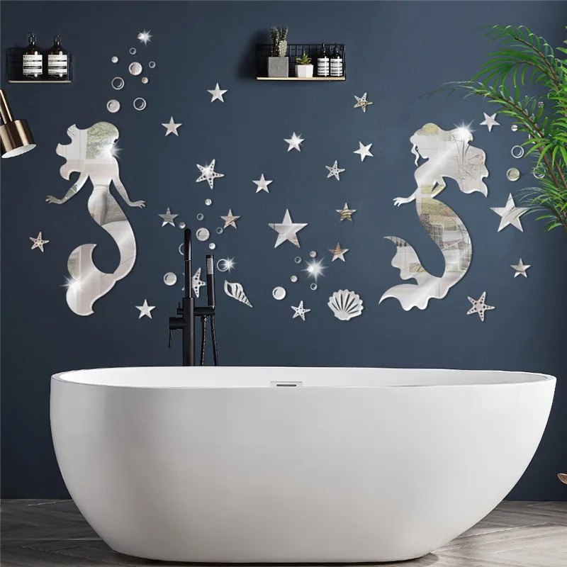 Mermaid Acrylic Mirror Wall Stickers Home Decor Living Room 3D Stars Mermaid Wall Decal Ocean Animal Sticker Bedroom Wallpaper