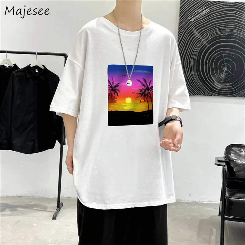 

Футболки мужские в Корейском стиле, Модные свободные рубашки с принтом, красивые с круглым вырезом и коротким рукавом для студентов, шикарн...