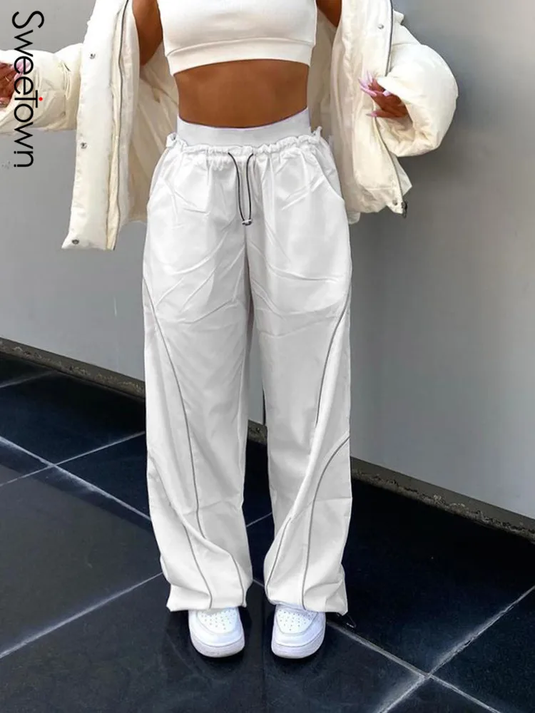 

Sweetown White Casual Baggy Womens Joggers Sweatpants Contrast Stitching Stripe Drawstring Elastic High Waist Hippie Harem Pants