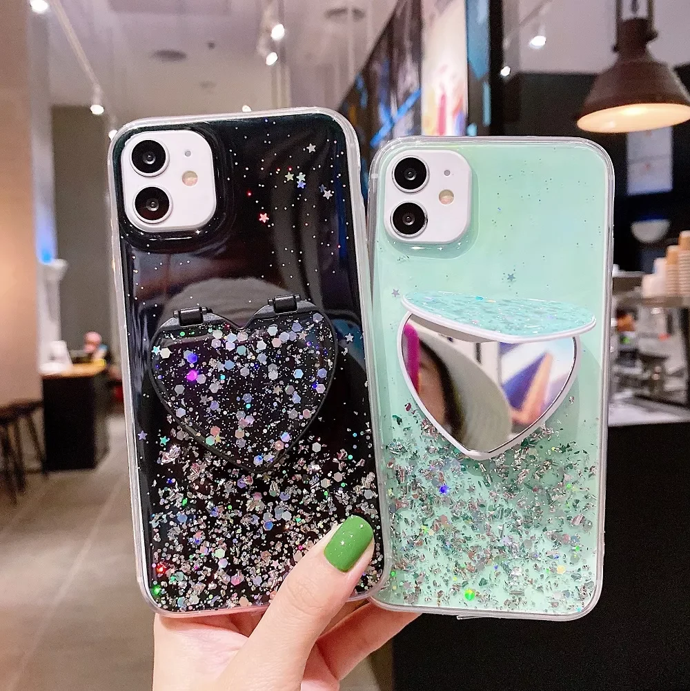 

Glitter Bling Case For OPPO A35 A15 A53 A54 A55 A74 A93 A94 A95 A72 A73 A92 A52 A91 A31 A32 A33 S Love Mirror Stand Epoxy Cover