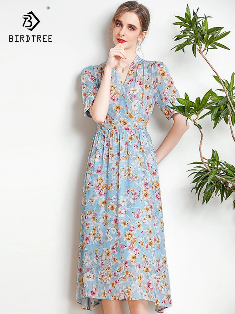 Birdtree 100%Mulberry Silk Floral Printing Dresses Women V-Neck Puff Sleeve A-line Bodycon Midi Dress 2023 Summer New D37461QC