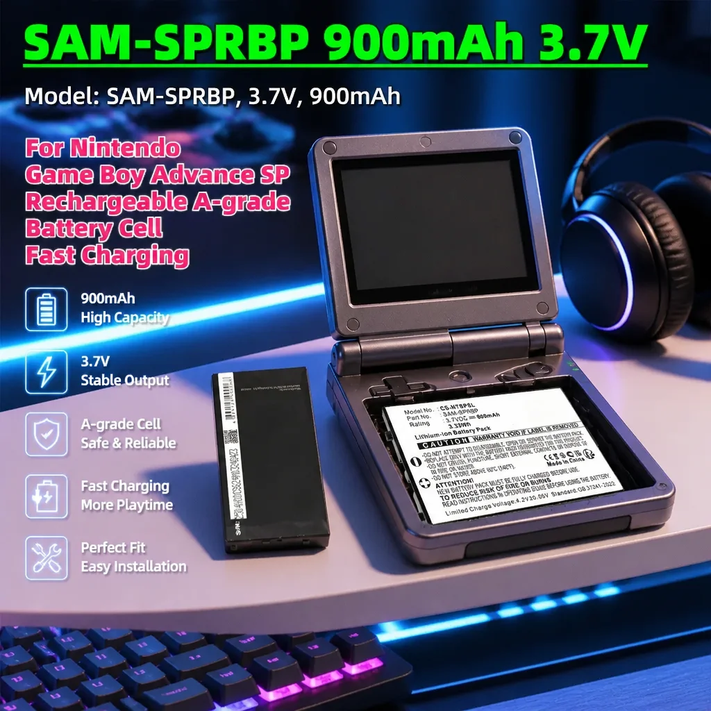 Фото Аккумулятор SAM-SPRBP 3.7V 900mAh класса А, высокой емкости, совместимый с игровой консолью Nintendo GBA SP, быстрая зарядка, перезаряжаемый элемент питания №2