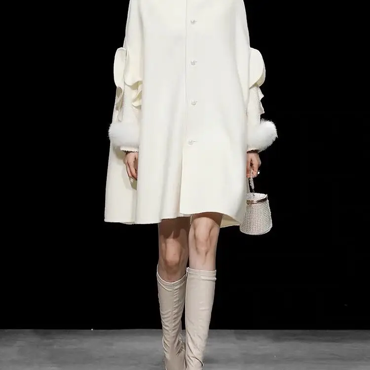 Women Faux Fur White Cardigan Coat Wool Blend Spring Autumn Winter Elegant Faux Fox Fur Ladies Fashion Coat Fur Coat