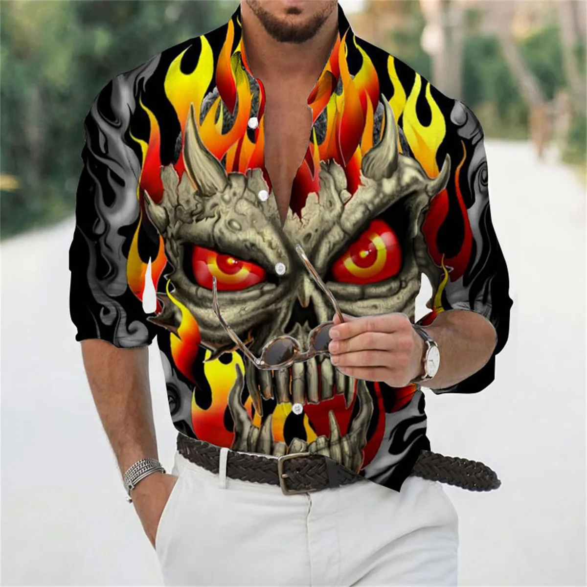 

2023 Leisure Fashion Men's Horror Skull Head Printing Leisure Long Sleeve Shirt Men's New Hot Selling Shirt Men's Clothing