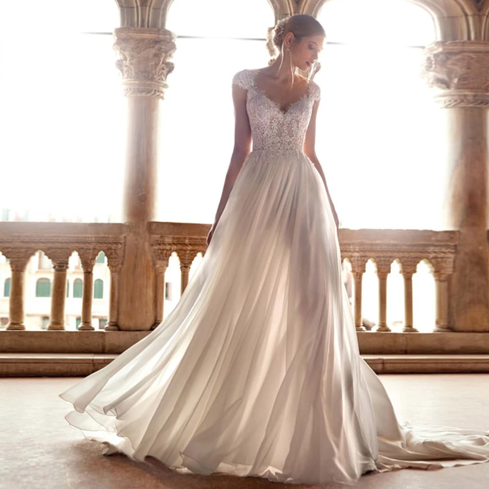 

Chiffon Wedding Dress For Bride 2022 Cap Sleeves V-Neck Lace Appliques Bridal Gowns Boho Illusion Backless Vestido De Novia