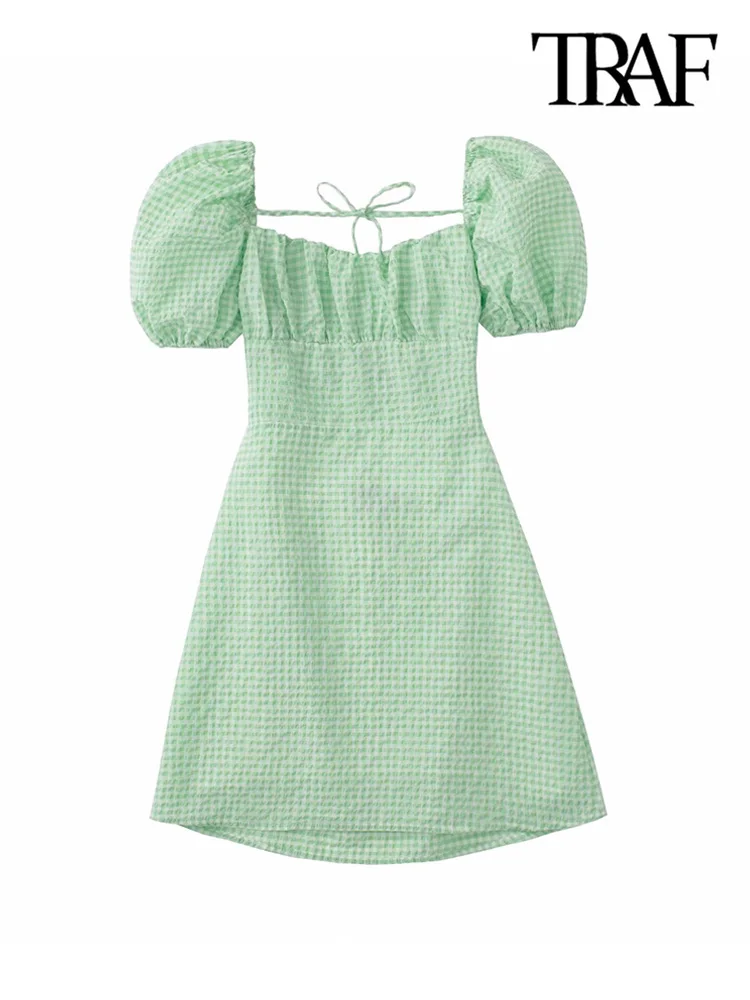 

TRAF Women Fashion Textured Gingham Mini Dress Vintage Puff Sleeves Backless With Tied Female Dresses Vestidos Mujer
