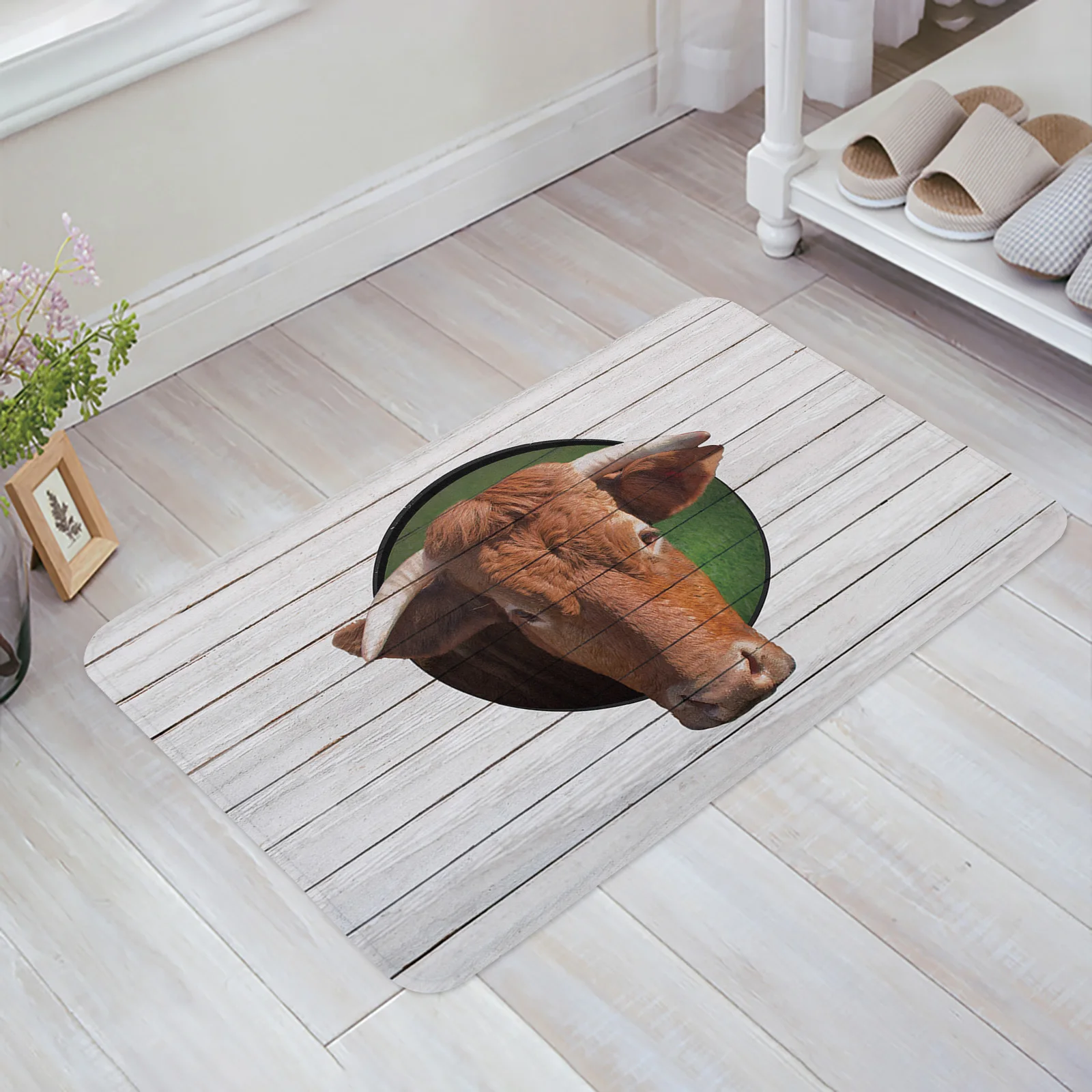 

Cow Plank Retro Horns Anti-slip Doormat Living Room Balcony Kitchen Floor Decor Bedroom Personality Home Decor