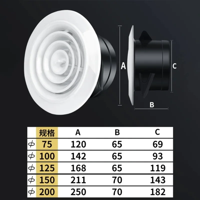 1pc 75-200mm Wall Interior Vent ABS Ventilation Grille Cover Adjustable Air Round Louvered Vents