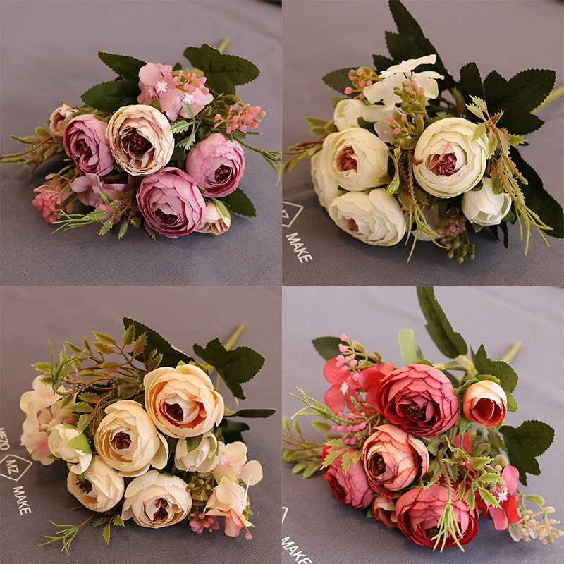 

European Vintage Artificial Silk Tea Rose Flowers 6 head 4 Small bud Bouquet Wedding Home Retro Fake Flower Party DIY Decoration