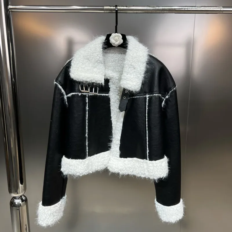 

【Absgd】 2022 Winter New Arrival Faux Leather Fur Buckle Turn Down Collar Black Jacket Women Coat