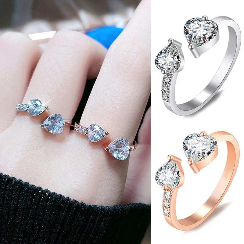 

Double Heart-shaped Zircon Ring Hollow Jewelry Fashion Crystal Opening Rings Gifts For Women Adjustable Open Finger Ring