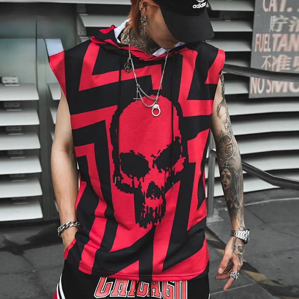 

Hip Hop Tank Tops Tees T-Shirts Hoody Man Techwear 2022SS Summer Sleeveless Skull Print Color Block Punk Vest Casual Streetwear