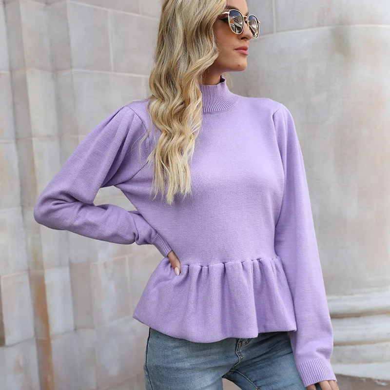 

Fall Winter Girls Knitted Top Long Sleeve Knitwear Ruffled Pullover Cute Purple Sweater Oversize Women Turtleneck Pullover Hot