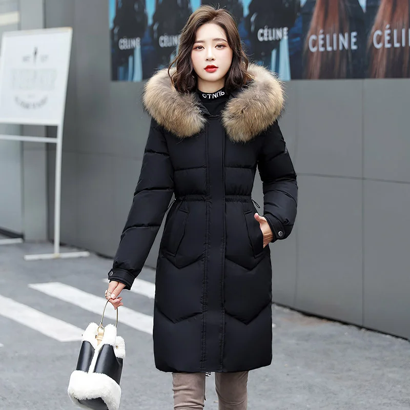 

Collar Real Raccoon Winter Fur White Duck Down Jacket Korean Long Women's Feather Warm Coat Elegant Slim Casual Outerwear