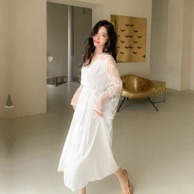Pajamas Women's Summer Cool Ice Silk Pajamas Palace Style Lace Long Xianqi Morning Robe Home Fury