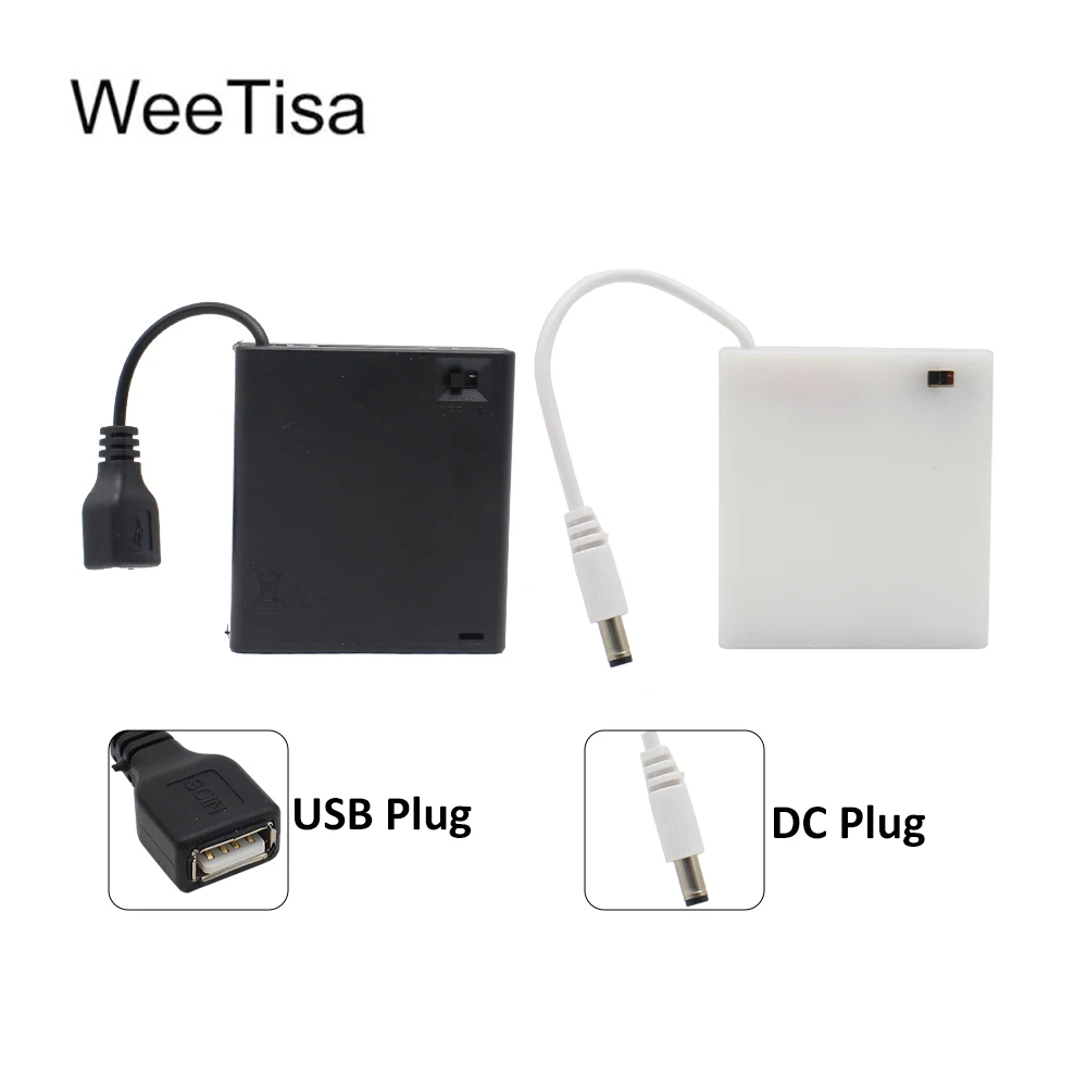 

4X AA USB/DC Power Battery Box Storage Case Holder LR6 Container with Wire Lead Cables for LED Strip Lights