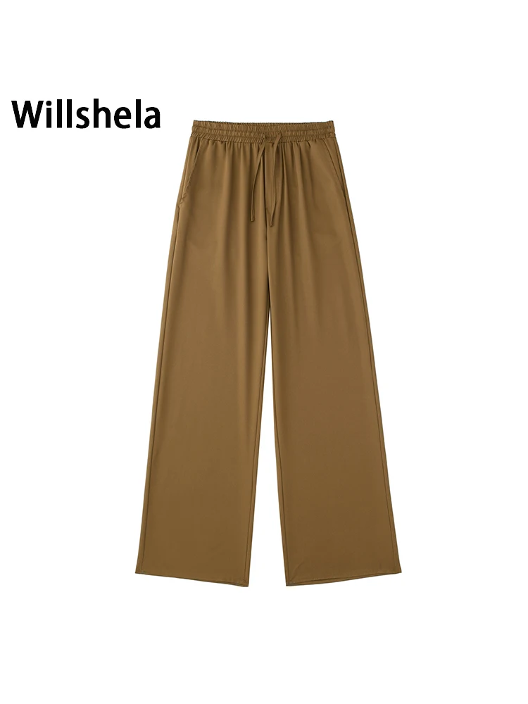

Willshela Women Fashion Solid Elastic Waist Trousers Vintage Full Length Mid Waist Female Chic Lady Straight Pants