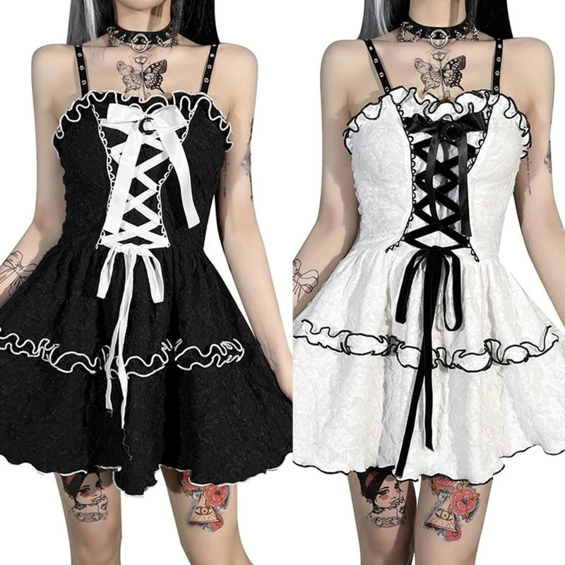 

Women Dark Gothic Eyelets Spaghetti Strap A-Line Mini Dress Harajuku Crisscross Bandage Front Tiered Hem 10CD