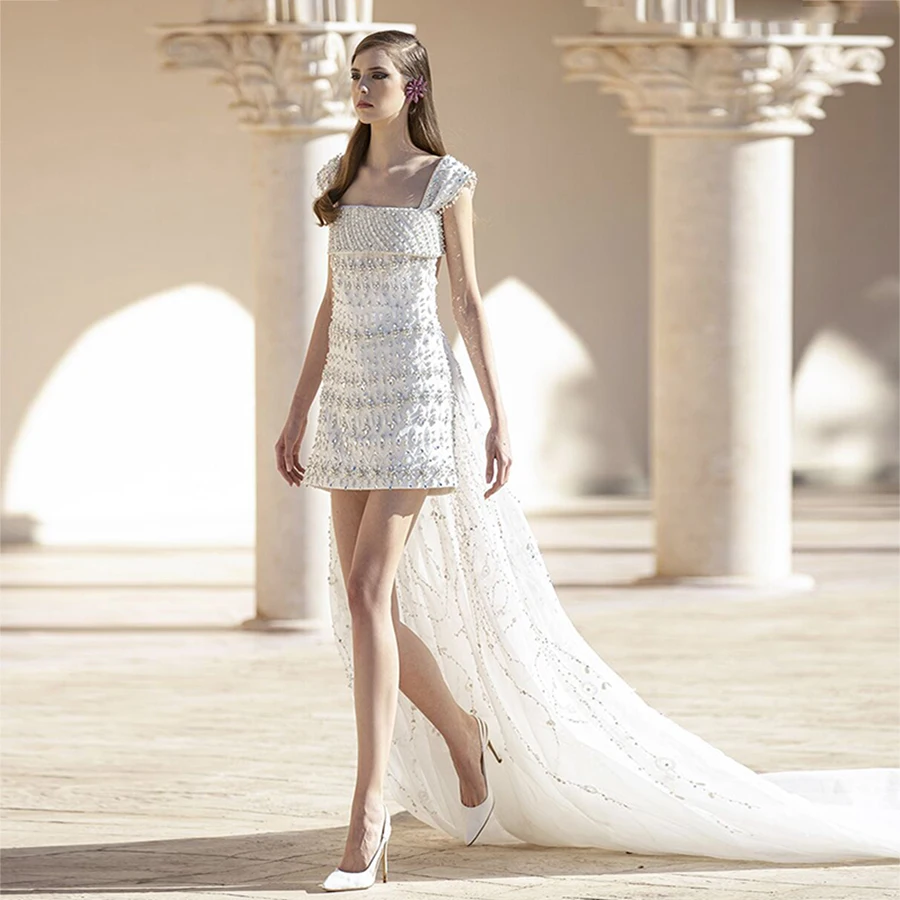 

Charming Heavy Beading Evening Gowns Saudi Arabia Square Neckline High Low Prom Dresses Sweep Train Robe De Soiree Party Dress