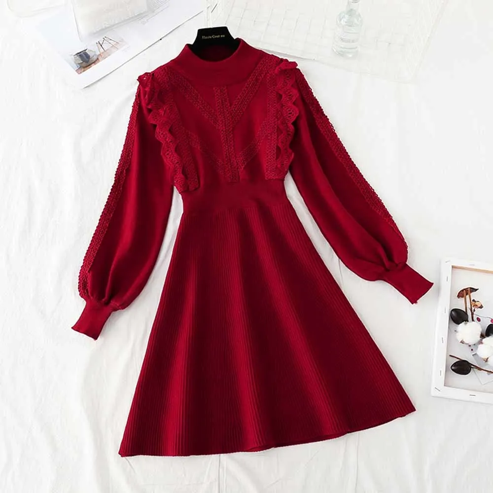 Женское трикотажное мини-платье-свитер повседневное ТРАПЕЦИЕВИДНОЕ кружевное