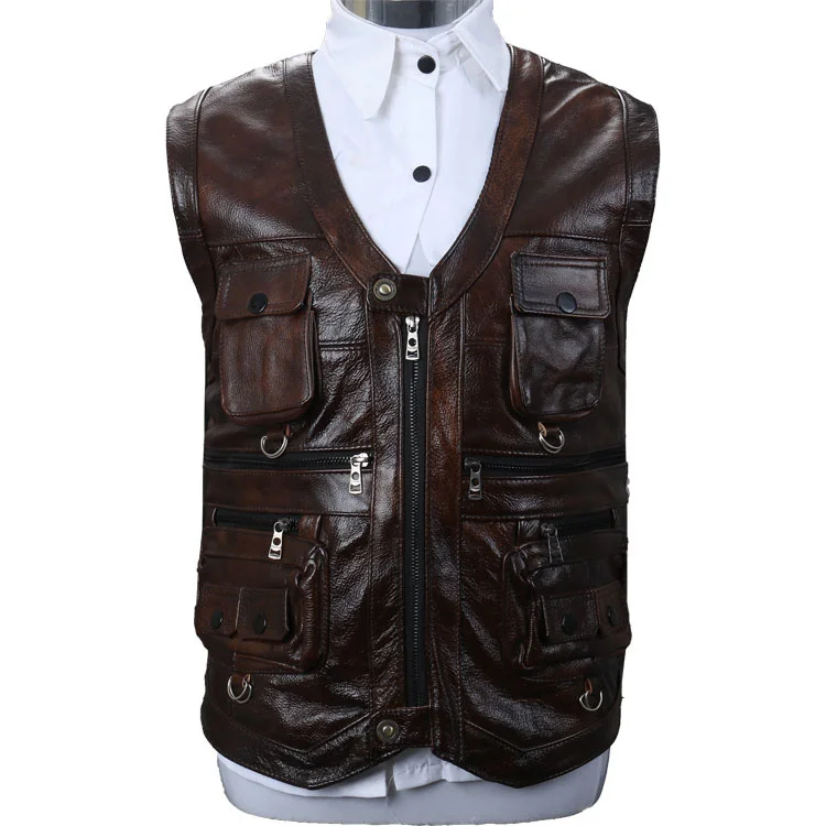

Men's Casual Cowhide Genuine Leather Vest Fashion Multi Zipper Pocket Reporters Gentlement Sleeveless Jacket Waistcoat XL-8XL