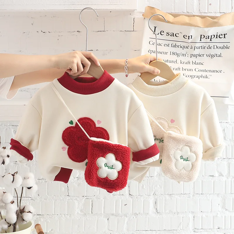 

Send bags for girls Christmas Clothes fleece warm hoodie autumn winter flowers coat children's thick coat girl's velvet sweater